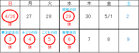 2026年ゴールデンウィークお休みカレンダー